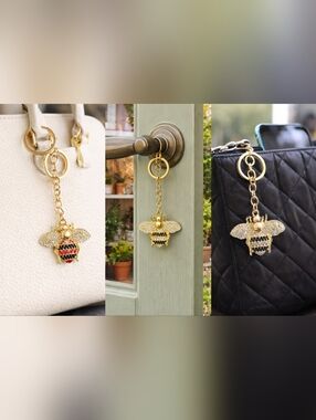Gold Tone Rhinestone‎ Bee Keychains Bag Charms Red, Yellow, Irridecent Select 1